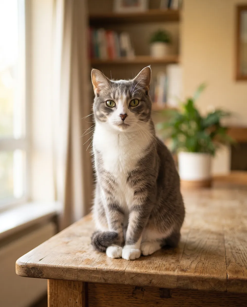 Un gato gris con blanco, de ojos verdes, sentado sobre una mesa de madera