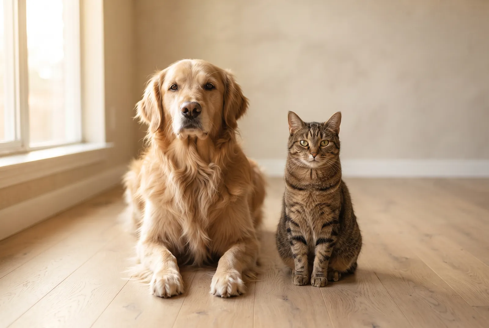 Un perro golden retriever y un gato atigrado sentados juntos junto a una ventana luminosa