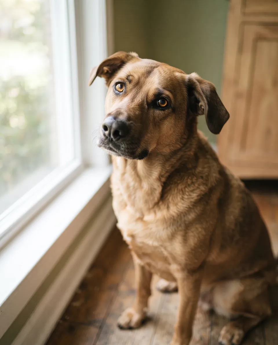 Un perro mestizo de pelaje café y ojos ámbar, sentado junto a una ventana